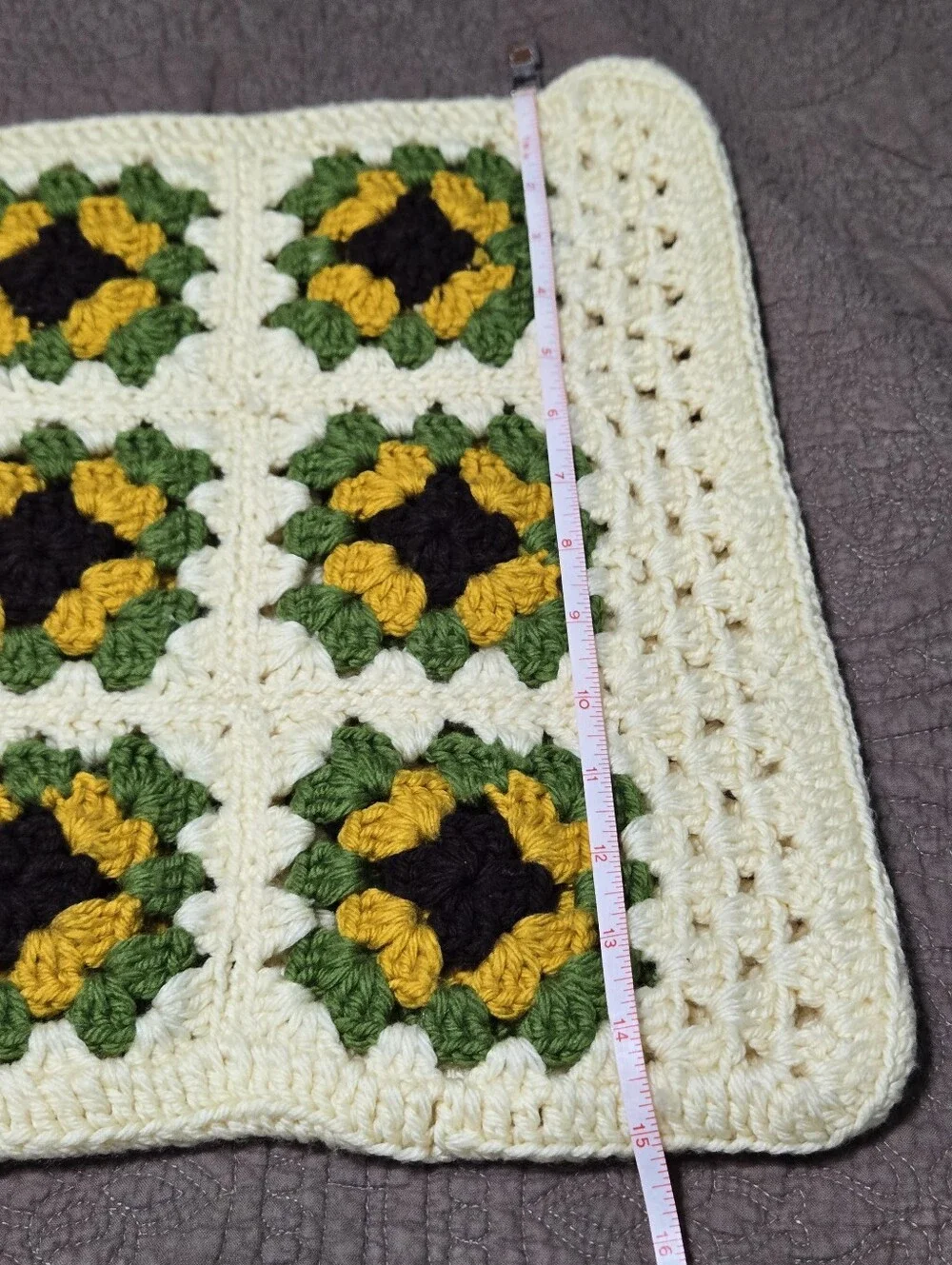Vintage Granny Square Crochet Pillow Cover, floral sunflower, cover only